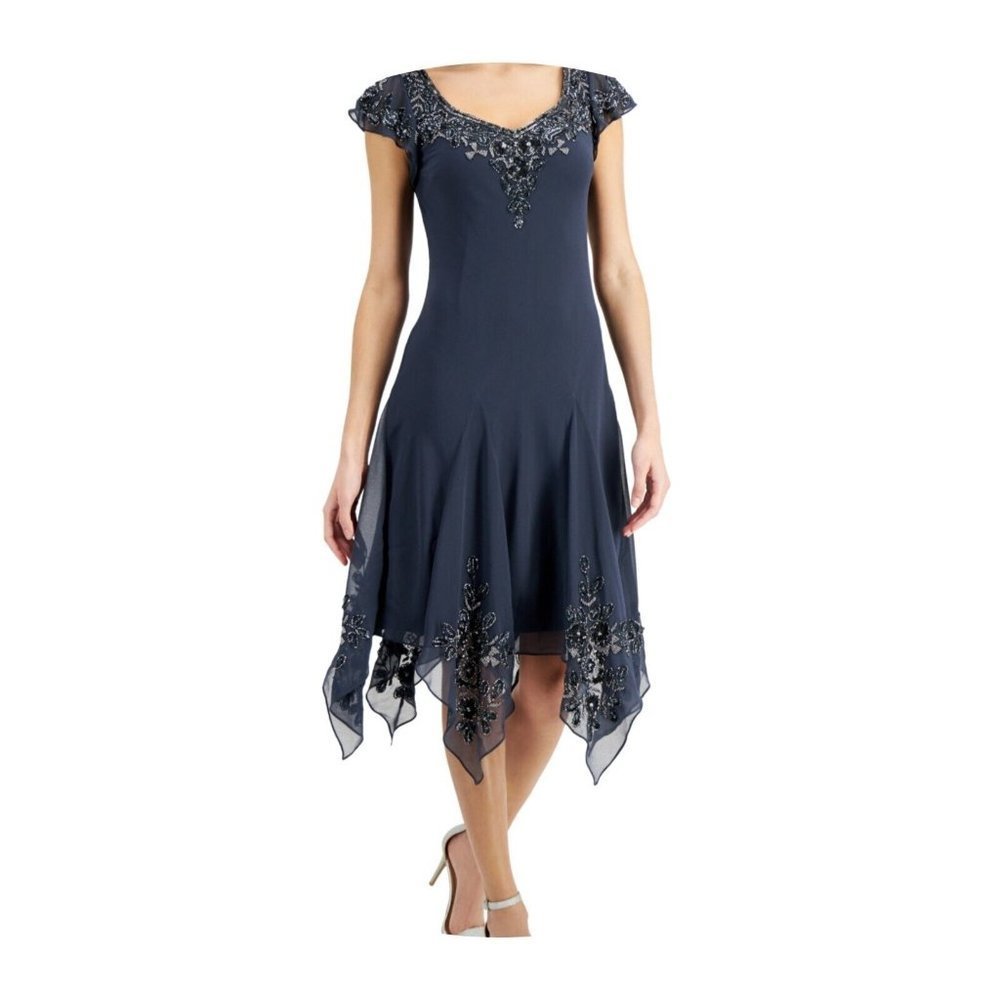 SOLD - JKara Cocktail Dress With Silver Beading Hanky Hem & Flutter Sleeves